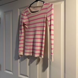 Striped Bright Pink and Cream Long Sleeve Waffle Jcrew Top